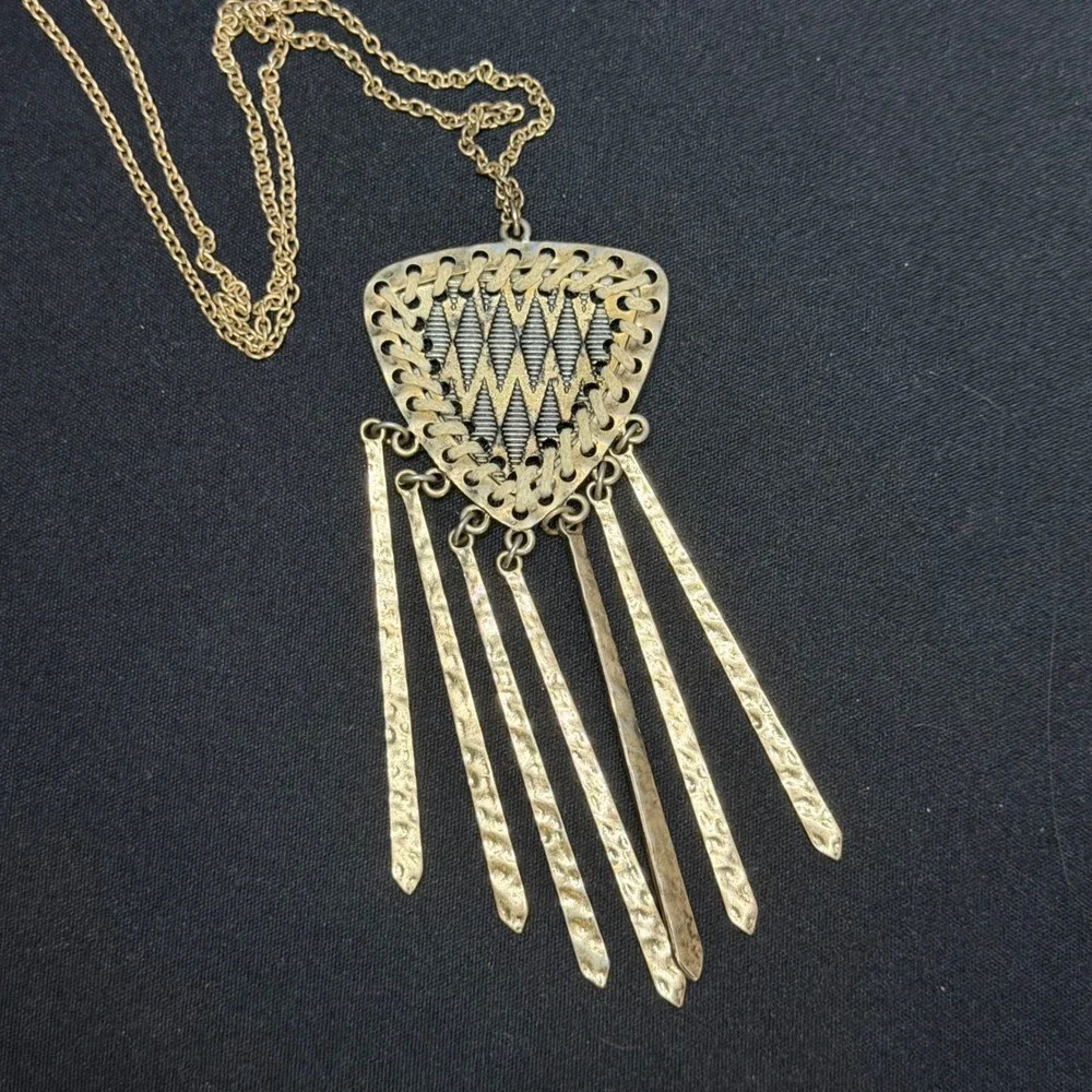 Statement Fringe Necklace Women OS Gold‎ Brass Tone Boho Tribal Hammered
